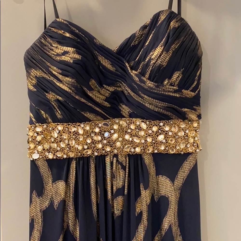 Navy Blue & Gold Strapless Prom Dress Size 4